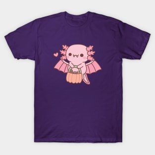 Cute Axolotl Vampire Carrying Halloween Pumpkin T-Shirt